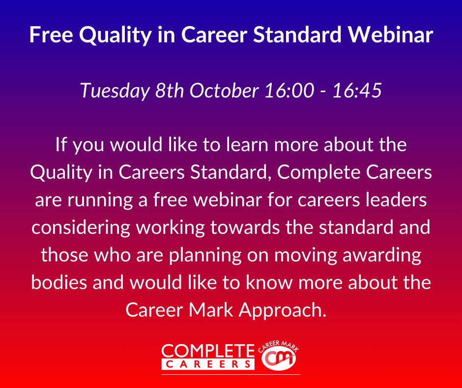 If you would like to learn more about the Quality in Careers Standard, we are running a free webinar on Tuesday 8th October from 4:00-4:45 PM. 

Click on this link to join the meeting and learn more: us02web.zoom.us/j/85289182256?…
#careerleaders #QualityinCareersStandard #CareerMark