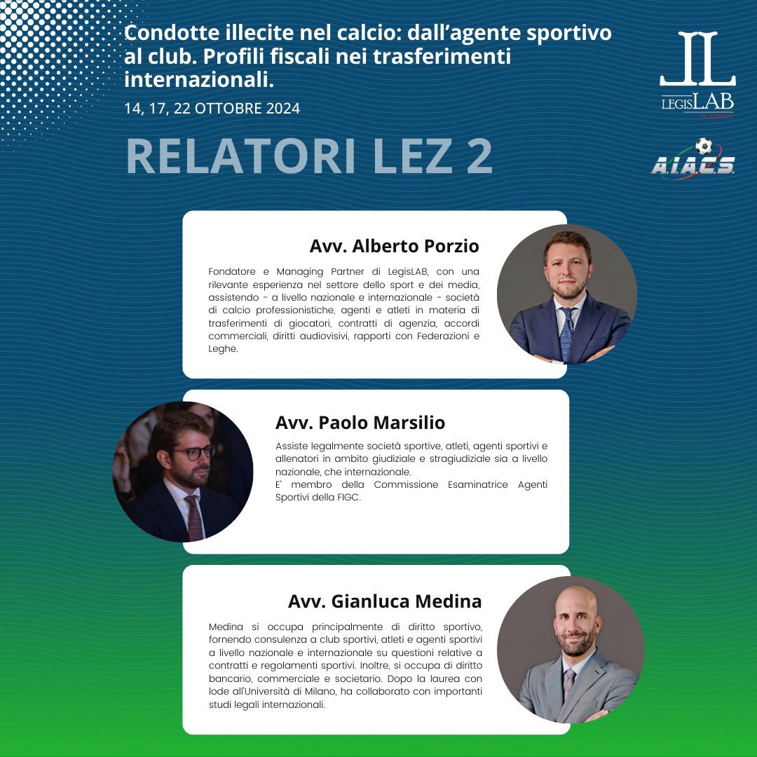 PROGRAMMA
“Condotte illecite nel calcio: dall’agente sportivo al club. Profili fiscali nei trasferimenti internazionali”

Registrati ora 👉🏻 legislabacademy.com/corsi/corso-di…

#agents #figc #course #training #updatecourse #2ottobre <a href="/LegisLABAcademy/">LegisLAB Academy</a>