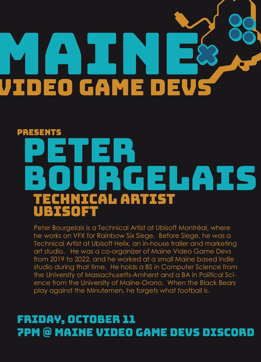 MEVideoGameDevs's tweet image. Maine's very own @SuperArjunaNose is joining us on October 11 to talk about his experience as a technical artist at Ubisoft.  

If you'd like to hear from someone who's found their path to a big time studio please join us in our discord 😀
 discord.gg/2Xzxuks6