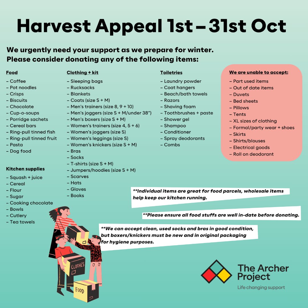 #Harvest is here and we're asking everyone to get involved 📦

We need your help to stock up enough to last another year, so we can continue supporting people experiencing homelessness in Sheffield.

View the list on our website here: archerproject.org.uk/gifts-in-kind

Thank you 💛