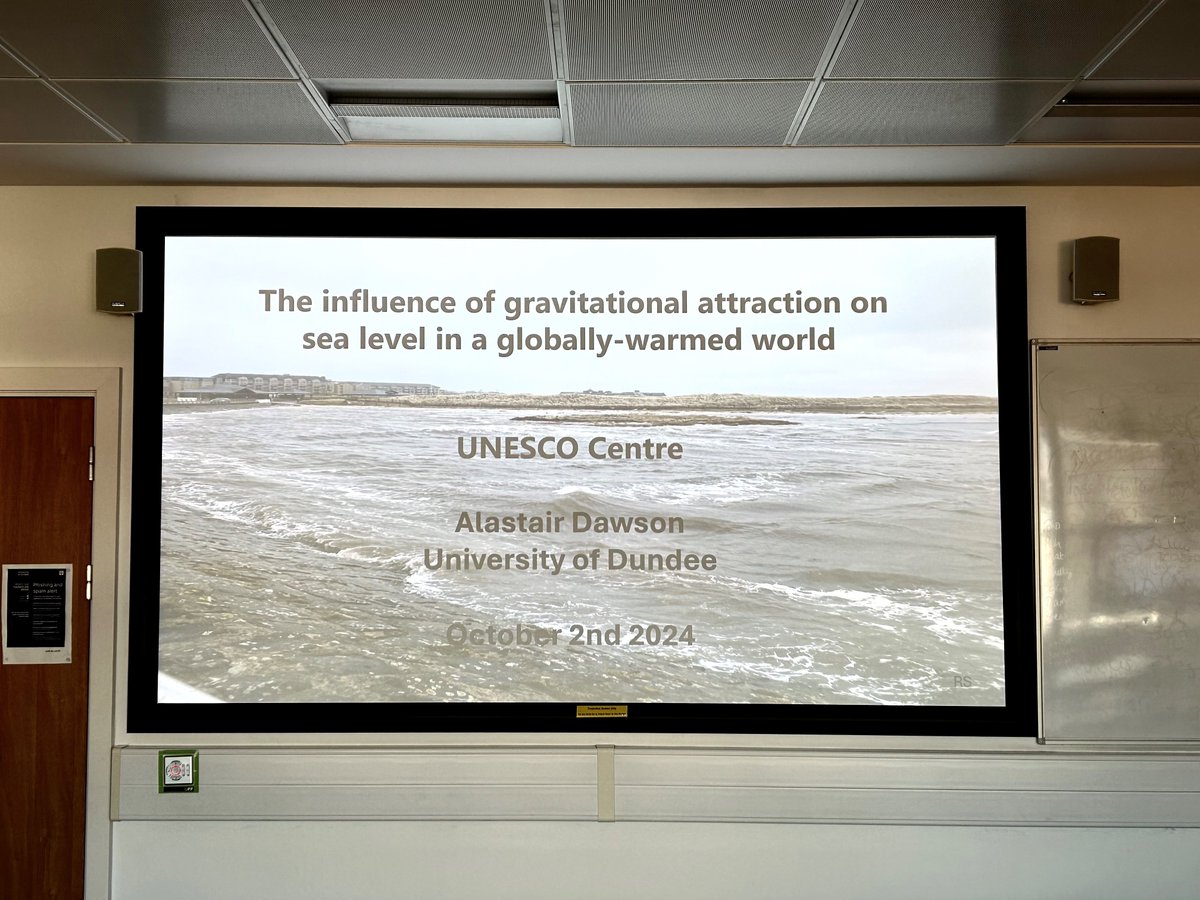 We had a wonderful talk this afternoon from Honorary Prof Alastair Dawson on 'The influence of gravitational attraction on #SeaLevel in a globally-warmed world'. 🌊

Learn more about Alastair's work 👉shorturl.at/BTqQK 

#DundeeWater #ClimateChange