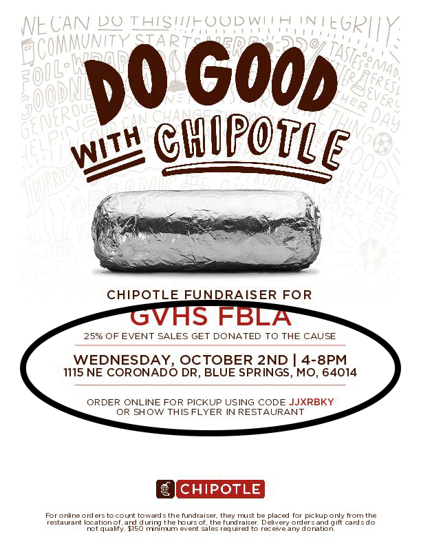 Please support GVHS FBLA by eating at Chipotle from 4 pm to 8 pm tonight (10/2/24). Remember to use the code JJXRBKY when ordering online &amp; show the flyer on your phone when checking out. Thank you!