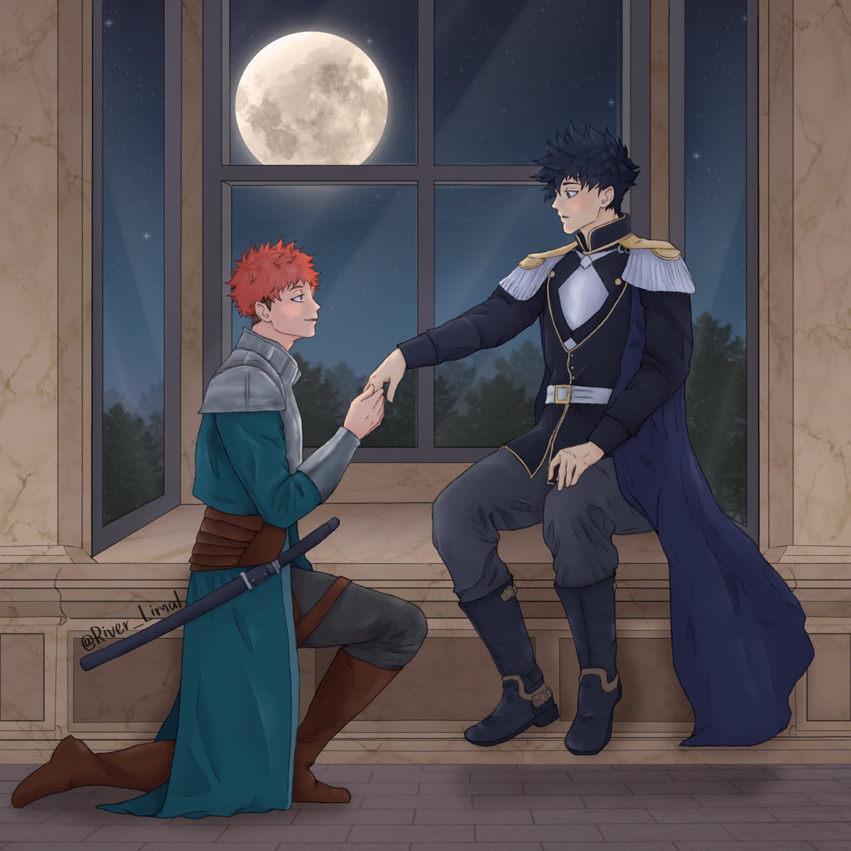 River_Limal's tweet photo. "I shall cast aside all duty, all honor, to follow you into the farthest reaches of the earth. I swear to protect you, to stand with you, to ensure your peace until you find your happiness"

My gift to @itoradori for the #ITFSITexchange24 with the prompt Royalty 👑✨ https://t.co/NuDeIgnU2l