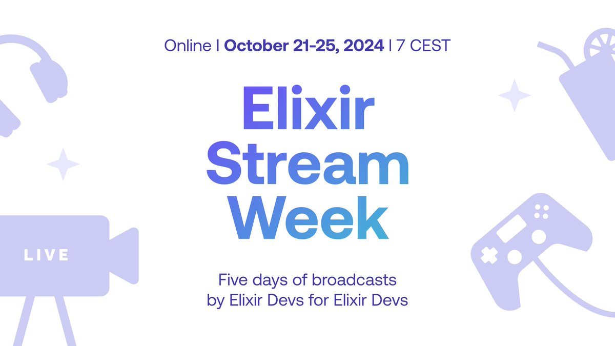 Membrane (@elixirmembrane) on Twitter photo Let us announce Elixir Stream Week – five days, five streams, five Elixir experts:
🔥<a href="/josevalim/">José Valim</a> – <a href="/elixirlang/">The Elixir programming language</a> creator
🔥<a href="/uusszz/">Mateusz Front</a> – @elixirmembrane co-creator
🔥<a href="/chris_mccord/">Chris McCord</a> – <a href="/elixirphoenix/">Phoenix Framework</a> creator
🔥Jonatan Kłosko – <a href="/livebookdev/">Livebook</a> creator
🔥<a href="/filipecabaco/">Filipe Cabaco</a> – Elixir dev at <a href="/supabase/">Supabase</a> Let us announce Elixir Stream Week – five days, five streams, five Elixir experts:
🔥<a href="/josevalim/">José Valim</a> – <a href="/elixirlang/">The Elixir programming language</a> creator
🔥<a href="/uusszz/">Mateusz Front</a> – @elixirmembrane co-creator
🔥<a href="/chris_mccord/">Chris McCord</a> – <a href="/elixirphoenix/">Phoenix Framework</a> creator
🔥Jonatan Kłosko – <a href="/livebookdev/">Livebook</a> creator
🔥<a href="/filipecabaco/">Filipe Cabaco</a> – Elixir dev at <a href="/supabase/">Supabase</a>
