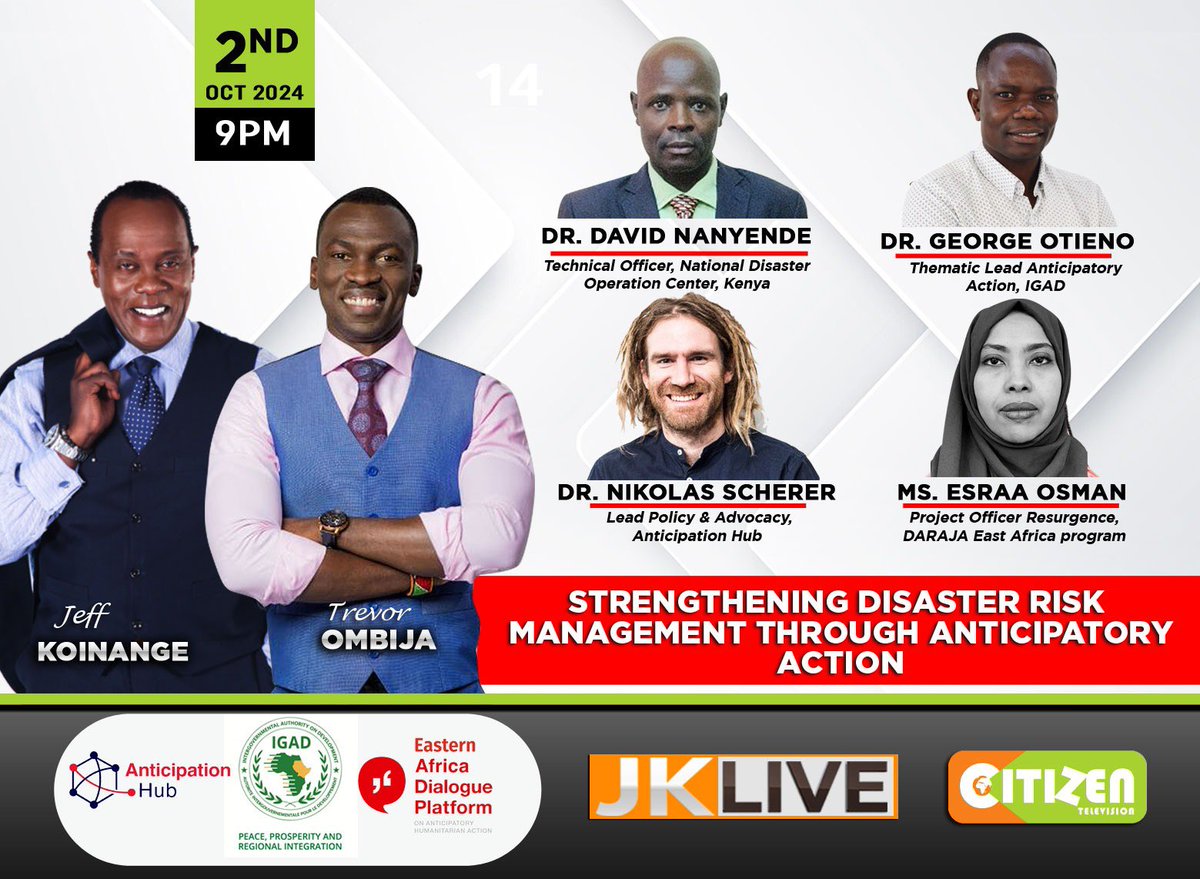 Tsitati_George's tweet photo. Tonight, we will deeply explore the concept of anticipatory action within the context of East Africa. The panellists will discuss where the region stands, highlight success stories, lessons learned, and shared visions, and identify any existing gaps.

#Anticipatory #EADP https://t.co/OStn4JXt4J