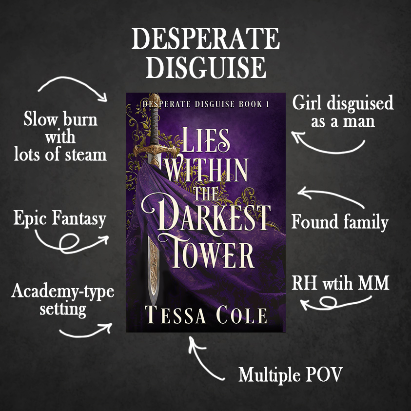 So excited! Lies Within the Darkest Tower, the first book in my Desperate Disguise fantasy romance reverse harem series is now available.

Check it out ➡️ mybook.to/DarkestTower

#NewRelease #reverseharemromance #romantasy #kindleunlimited