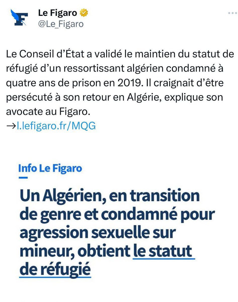 MarionMarechal's tweet image. Le Conseil d’État offre le statut de RÉFUGIÉ à un Algérien condamné en France pour agression sexuelle sur mineur de 15 ans, sous le prétexte d’une « transition de genre ».
La sécurité de ce prédateur passe donc avant celle de nos enfants. L’État de droit contre les Français.
