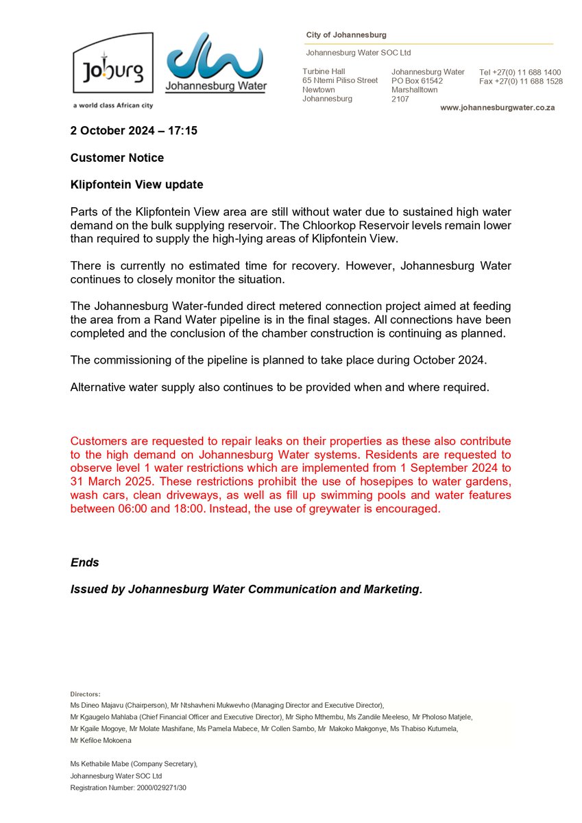 JHBWater's tweet photo. #KlipfonteinView update
#JoburgUpdates ^N https://t.co/3DC50LdrqF
