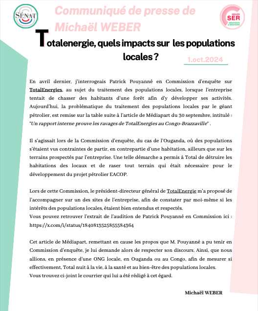 ClimateWhistles's tweet image. French Senator @MichaelWeber1 has asked TotalEnergies to visit its Djéno oil terminal in Congo to assess whether it harms the life, health, and well-being of local populations.

This request follows the #BurningSkies investigation by @Mediapart, which is partially based on…