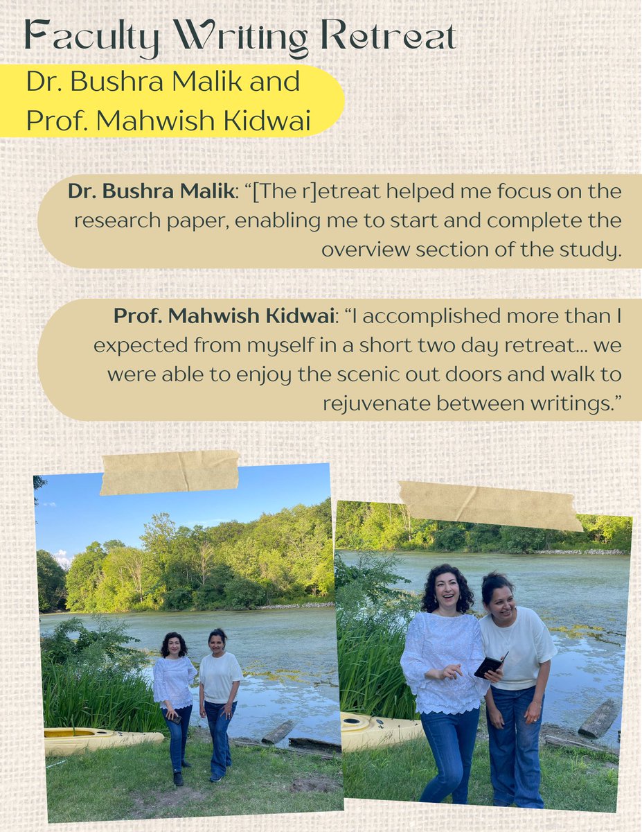 Dr. Bushra Malik and Prof. Mahwish Kidwai attended the first-ever Faculty Writing Retreat over the summer at LaSalle Manor. Dr. Malik and Prof. Kidwai used the retreat to work on a scholarly article focusing on patient flow in the emergency room.