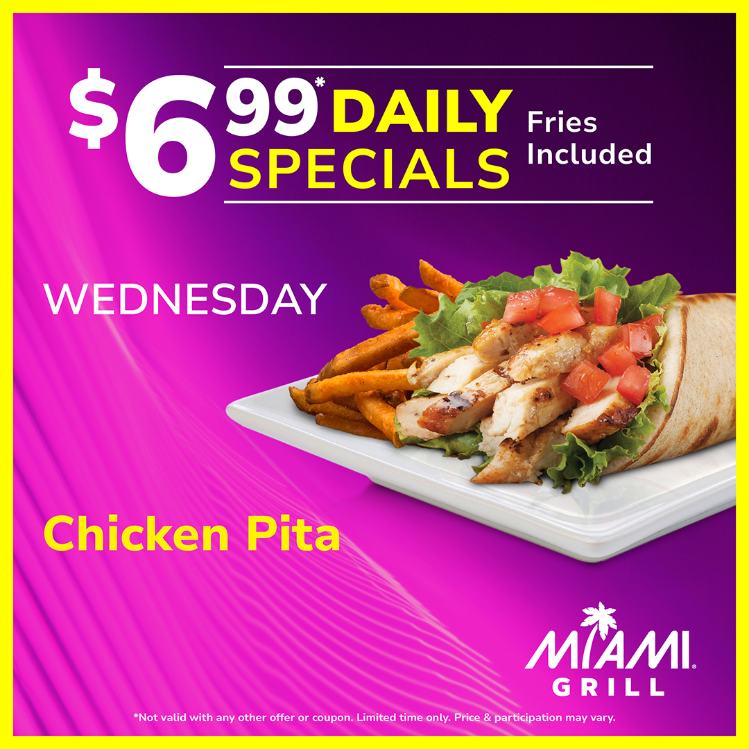 MiamiGrill's tweet photo. ๐ Dig into our NEW Wednesday special โ a delicious Chicken Pita with Fries for only $6.99! ๐ฅ๐ Perfectly grilled, packed with flavor, and paired with crispy fries!๐๐ฅ Tag a friend who needs to try this! ๐ #MiamiGrill #DailySpecial #ChickenPita #MidweekMunch https://t.co/ZLPEzl7BWf