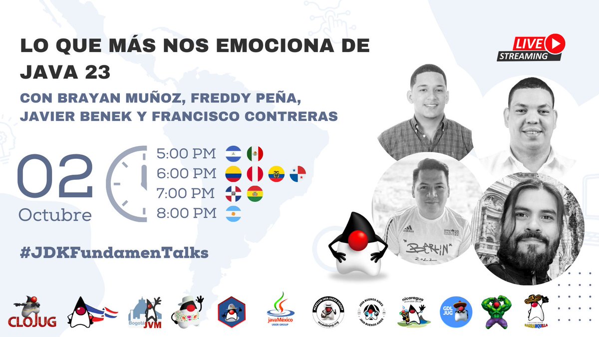 Barranquilla JUG 🇨🇴 (@jugbaq) on Twitter photo 🚀 Lo que más nos emociona de Java 23"! 🎉Con <a href="/Brayanmnz_/">Brayan M. 🇩🇴</a>, <a href="/fred_pena/">Fred Peña</a>, <a href="/_benek/">Javier Benek</a> y <a href="/Frank_JCG/">Francisco Contreras 🇳🇮</a>, conocerás las novedades más emocionantes de esta versión de Java.
🗓 Hoy, 02 de octubre
⏰ Horarios: 6:00 PM (GMT-5)
📺 Conéctate en vivo aquí: youtube.com/live/_3TCuvaKD…
#JDKFundamenTalks 🚀 Lo que más nos emociona de Java 23"! 🎉Con <a href="/Brayanmnz_/">Brayan M. 🇩🇴</a>, <a href="/fred_pena/">Fred Peña</a>, <a href="/_benek/">Javier Benek</a> y <a href="/Frank_JCG/">Francisco Contreras 🇳🇮</a>, conocerás las novedades más emocionantes de esta versión de Java.
🗓 Hoy, 02 de octubre
⏰ Horarios: 6:00 PM (GMT-5)
📺 Conéctate en vivo aquí: youtube.com/live/_3TCuvaKD…
#JDKFundamenTalks