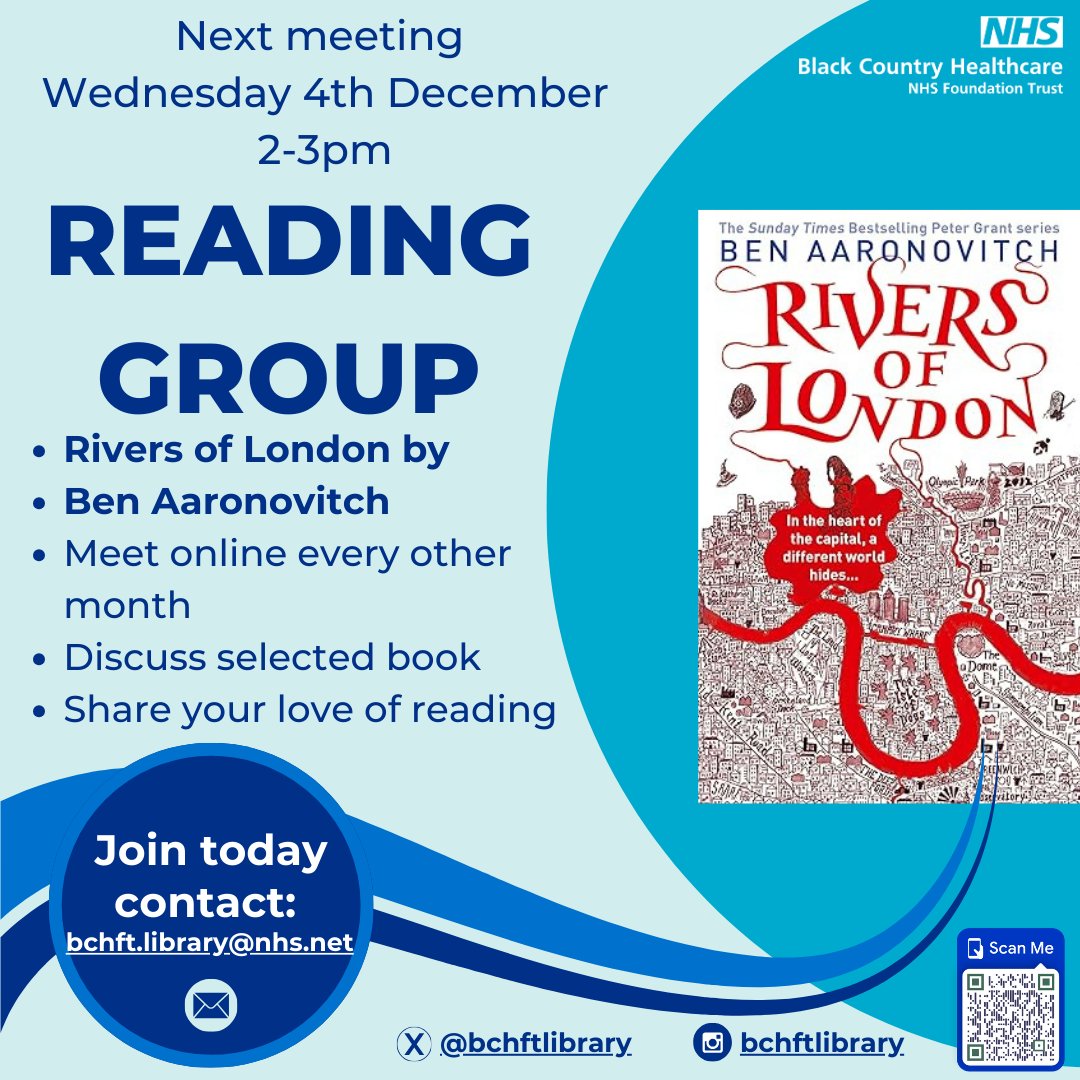 BCHFTLibrary's tweet photo. Thanks to staff who attended our online #ReadingGroup this afternoon. Our next meeting is at 2pm on Wednesday 4th Dec. We'll be discussing Ben Aaronovitch's 'Rivers of London' #readingforpleasure #recreationalreading #wellbeing 🎄📚 https://t.co/VyQwEEojgZ