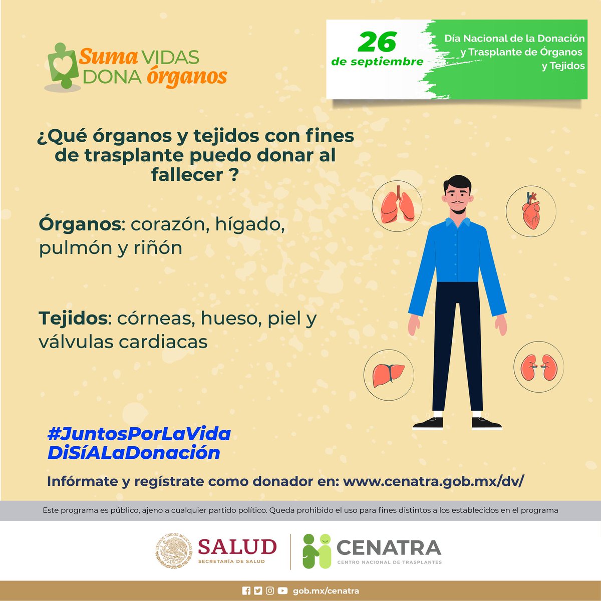 trasplan_snluis's tweet photo. Campaña Nacional de Donación y
Trasplante #sumavidasdonaorganos
Si deseas ayudar, solicita tu tarjeta de donador en
https://t.co/zJd9STW6tn y comparte tu decisión en
familia.
Más información en: https://t.co/oP9jMpMU32 https://t.co/tMpa0K6d8O