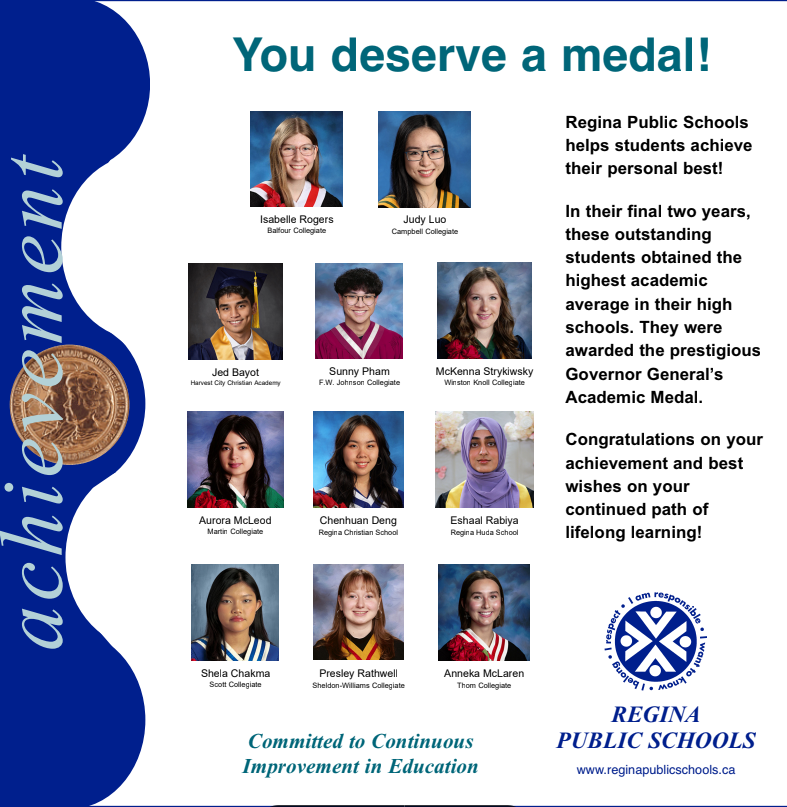 RegPublicSchool's tweet photo. Regina Public Schools helps students achieve their personal best!  Congratulations to the 11 students who obtained the highest academic  average in their Regina public high schools and earned the prestigious  Governor General's Academic Medal. https://t.co/dLyPx02TeX https://t.co/sM8fQq6Vw1