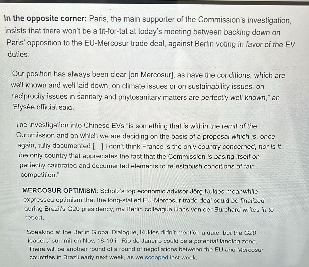 Certes c'est de l'anglais mais si je comprends bien <a href="/POLITICOEurope/">POLITICOEurope</a>, la France serait en train de lâcher ses exigences sur le #Mercosur en contrepartie d'un accord allemand pour des droits de douane sur les véhicules chinois. 

Le problème c'est qu'on voit mal comment l'Allemagne
