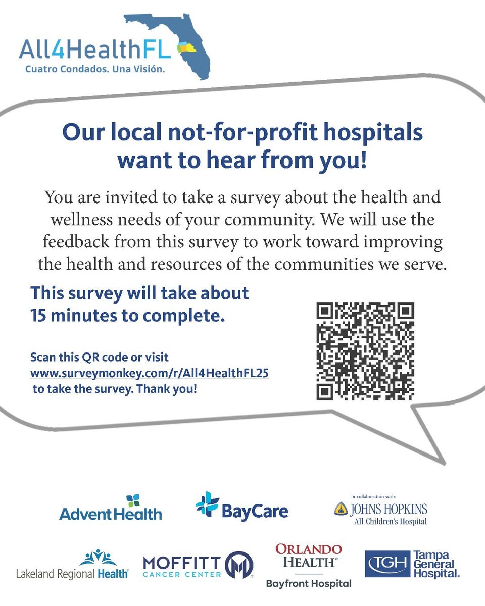 We want to hear from the community!📝 Please consider taking the Pinellas County Community Health Survey and let us know what is most important to you. Your feedback is important and can help make a difference ➡️ surveymonkey.com/r/All4HealthFL…