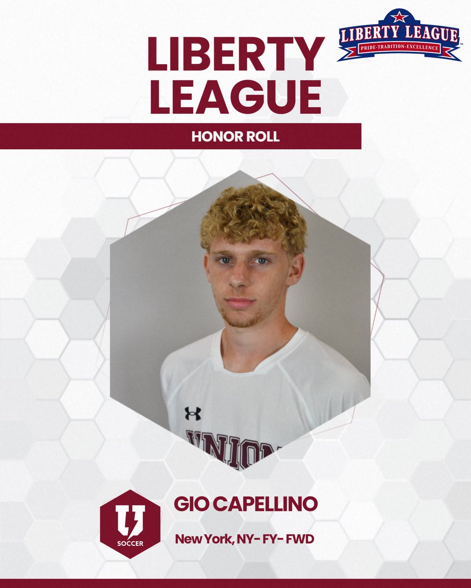 UnionMSoccer's tweet photo. Congrats to Gio Capellino on his mention in the Liberty League Honor Roll! 🔴⚽️
•
#UnionMSoc #OnlyForward https://t.co/29OScxZ34V
