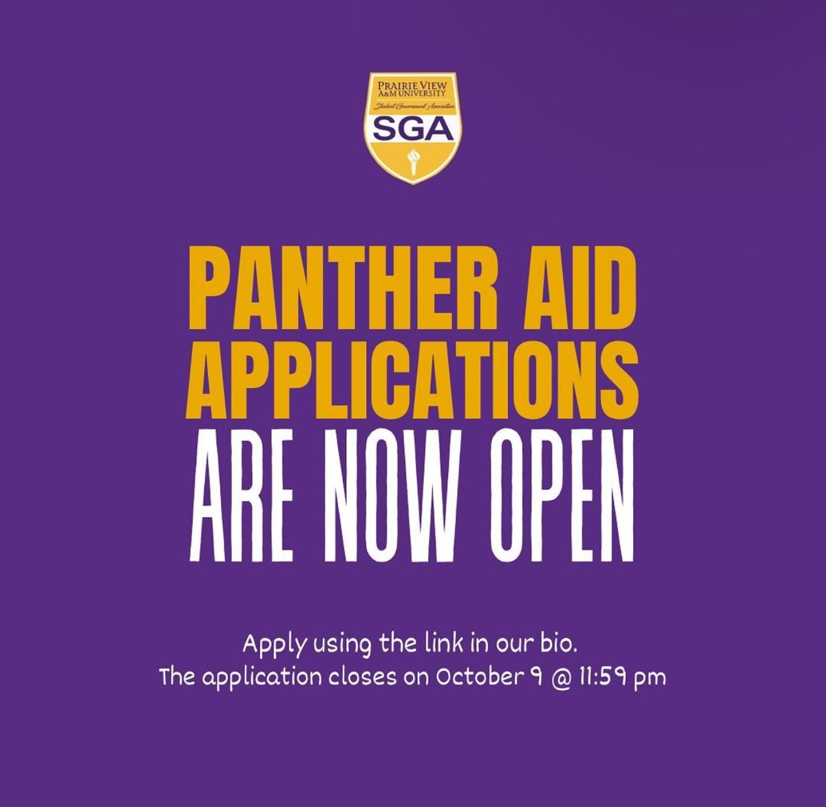 PantherAidSGA's tweet photo. I know you guys have been waiting for this one! Applications for Panther Aids are NOW OPEN! The deadline to submit is October 9th at 11:59 pm, so don't wait! 💛💜 #PVAMU https://t.co/LQEUyEUdkg