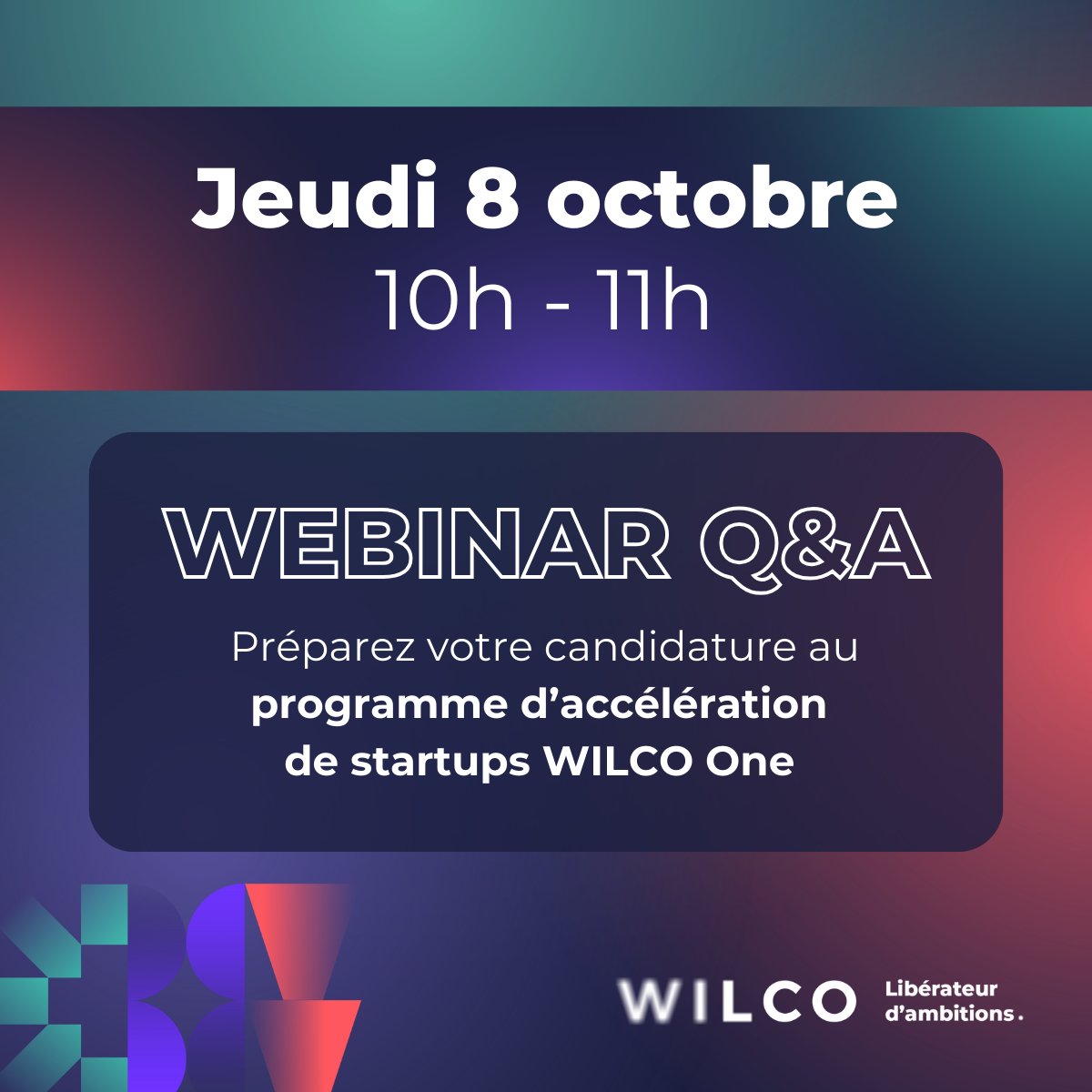 💻Rendez-vous le 8 octobre pour un webinar Q&amp;A autour du programme WILCO One. 

Une session d'une heure pour préparer au mieux votre candidature. S'inscrire : lnkd.in/eRq2m7eK