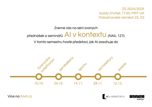 👉 We continue with our invited lecture series and seminars AI in Context organized by Tereza Hannemann, <a href="/rudolf_rosa/">Rudolf Rosa</a>, and <a href="/jlibovicky/">Jindřich Libovický</a>. This year's program is available at ufal.mff.cuni.cz/AIvK/aivk_vyuk…