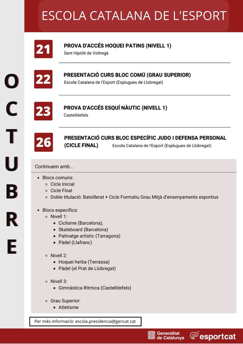 ✅ ja teniu disponible el calendari d'activitats formatives del mes d'octubre 
<a href="/esportcat/">Esports</a> <a href="/esportius/">esportius</a> #ROPEC
<a href="/tirambarc_cat/">Federació Catalana de Tir amb Arc 🏹</a>
<a href="/FCatTennis/">Tennis Català</a> <a href="/nataciocat/">Federació Catalana de Natació</a> <a href="/GimcatFCG/">Federació Catalana de Gimnàstica</a> <a href="/FCatalanaPadel/">FCP - Federació Catalana de Pàdel</a> <a href="/fsurfcat/">Federació Catalana de Surf</a> <a href="/fcpiraguisme/">Federació Catalana de Piragüisme</a> <a href="/FCPatinatge/">FCPatinatge</a>