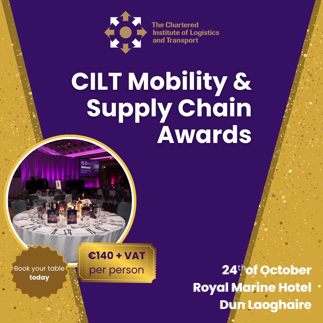 CILT Ireland (@ciltirl) on Twitter photo 22 days to go!
We are very excited that the CILT Mobility & Supply Chain Awards are so close.
Have you bought your tickets yet?
Individual tickets for the black tie gala dinner can be purchased here: bit.ly/466HRr0
Table for 10? Email us to: communications@cilt.ie 22 days to go!
We are very excited that the CILT Mobility & Supply Chain Awards are so close.
Have you bought your tickets yet?
Individual tickets for the black tie gala dinner can be purchased here: bit.ly/466HRr0
Table for 10? Email us to: communications@cilt.ie