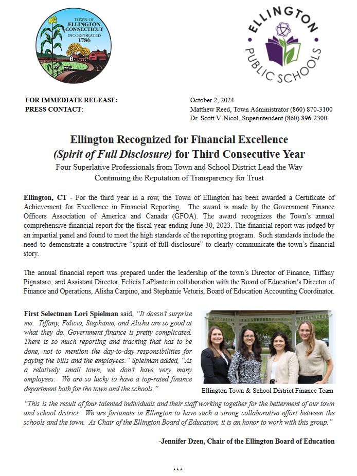 Ellington, CT Recognized for Financial Excellence (Spirit of Full Disclosure) for Third Consecutive Year: Four Superlative Professionals from Town and School District Lead the Way Continuing the Reputation of Transparency for Trust <a href="/Ellington_CT/">Town of Ellington CT</a> <a href="/MattReed128/">Matthew Reed</a>