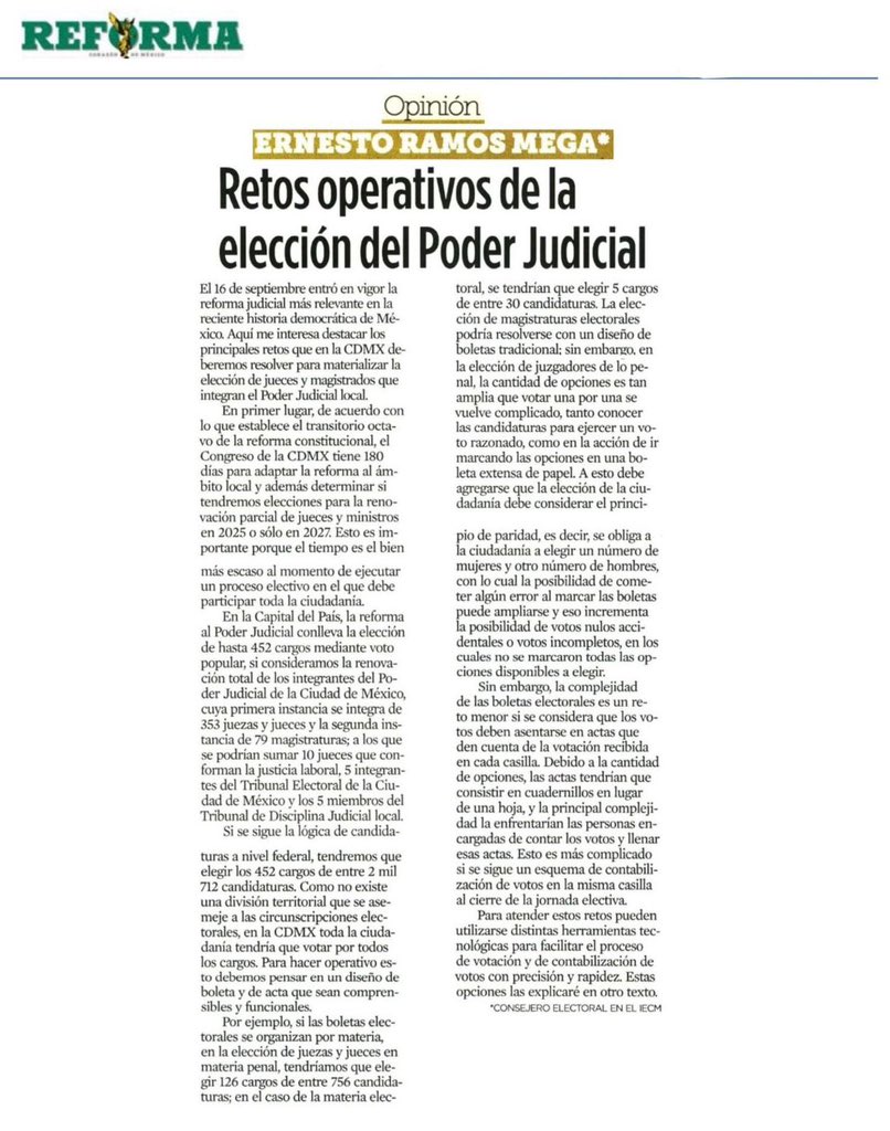 La elección de juzgadores representa retos operativos sin precedentes para las autoridades electorales. 

Les comparto en <a href="/Reforma/">REFORMA</a> la primera parte de mi análisis 👇🏼