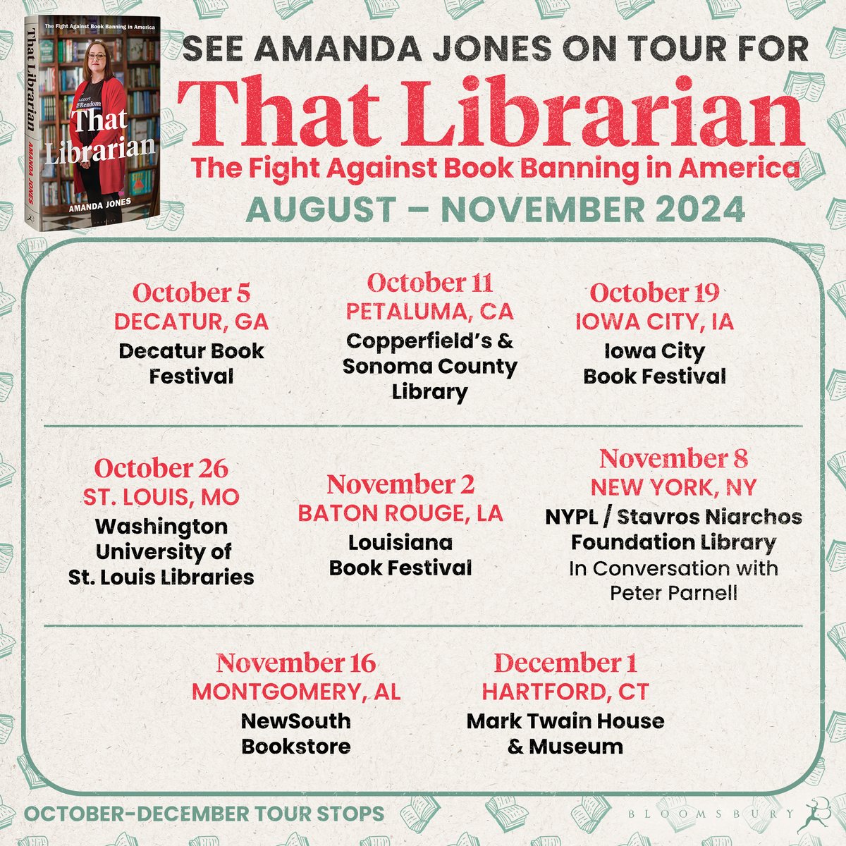 Bloomsbury U.S. (@bloomsburypub) on Twitter photo The second leg of <a href="/abmack33/">Amanda Jones: Defender of Libraries & Wonder</a>'s tour for THAT LIBRARIAN is kicking off October 5th!
Is she coming to a city near you?
Get the book chronicling her incredible story now: geni.us/thatlibrarian The second leg of <a href="/abmack33/">Amanda Jones: Defender of Libraries & Wonder</a>'s tour for THAT LIBRARIAN is kicking off October 5th!
Is she coming to a city near you?
Get the book chronicling her incredible story now: geni.us/thatlibrarian