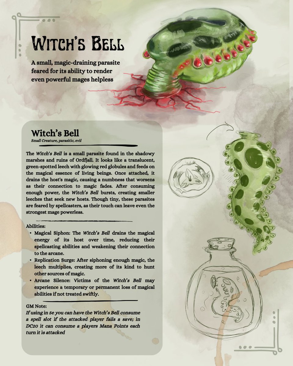 SpaethenArts's tweet image. Spookytober Monster Manual Challenge 2024 - 1st Prompt: &quot;Smol and Deadly&quot;
The Witch&apos;s Bell 🐛💚✨
In collab with my SO Bran
#ttrpgcommunity #ttrpgwriting #dndart #monsterdesign