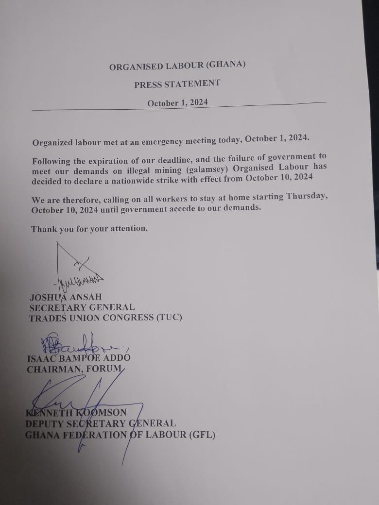 agbesikelly's tweet photo. Organized Labour in Ghana is taking a bold stance against galamsey (illegal mining) by declaring a nationwide strike, effective October 10, 2024.
#OrganizedLabour #FreeTheCitizens https://t.co/N6IJY3eUeH
