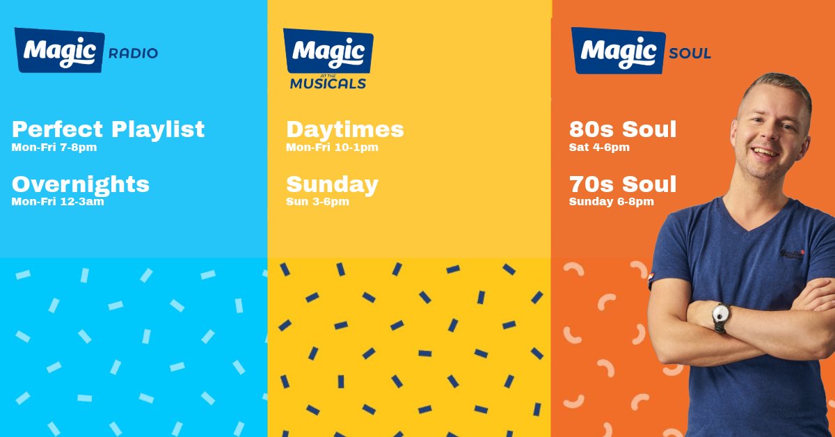 DanOffTheRadio's tweet image. From today, 7/10/24, this is where you can find me across the @magicfm family! 

Magic: Mon-Fri 7-8pm / 12-3am
NEW: @MagicAtMusicals Mon-Fri 10-1pm / Sun 3-6pm
#MagicSoul: Sat 80s 4-6pm / Sun 70s 6-8pm