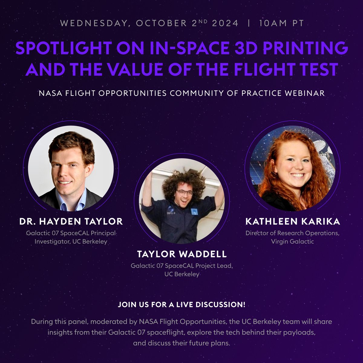 Happening today! Join to learn about the 3D printing technology that flew aboard VSS Unity as part of the #Galactic07 spaceflight. Details: go.nasa.gov/4ej2eEI