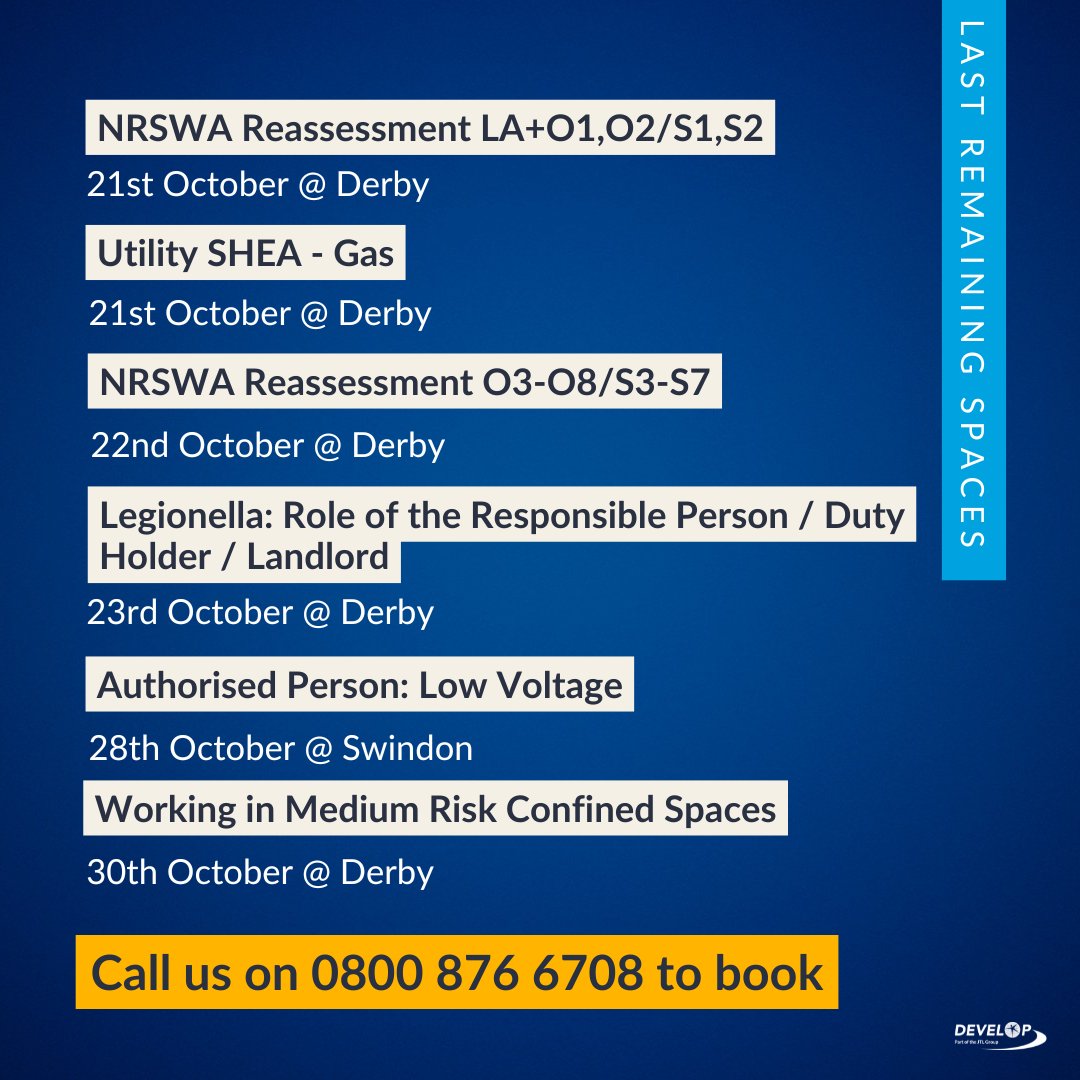 DevelopTraining's tweet image. ⚡ Final chance to book a space on these popular training courses and to gain an exclusive 10% discount for these last remaining spots!

📞 0800 876 6708
📩 enquiries@developtraining.co.uk
🌐 hubs.li/Q02RRj_t0

#streetworks #utilities #gas #electrical #confinedspaces