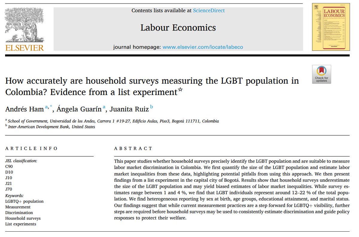 David Evans (@daveevansphd) on Twitter photo In Bogotá, Colombia, "while survey estimates range between 1 and 4%, we find that LGBT individuals represent around 12–22% of the total population."
sciencedirect.com/science/articl…
by @AHamG, <a href="/AngelaGuarin/">Angela Guarin</a>, & Ruiz In Bogotá, Colombia, "while survey estimates range between 1 and 4%, we find that LGBT individuals represent around 12–22% of the total population."
sciencedirect.com/science/articl…
by @AHamG, <a href="/AngelaGuarin/">Angela Guarin</a>, & Ruiz