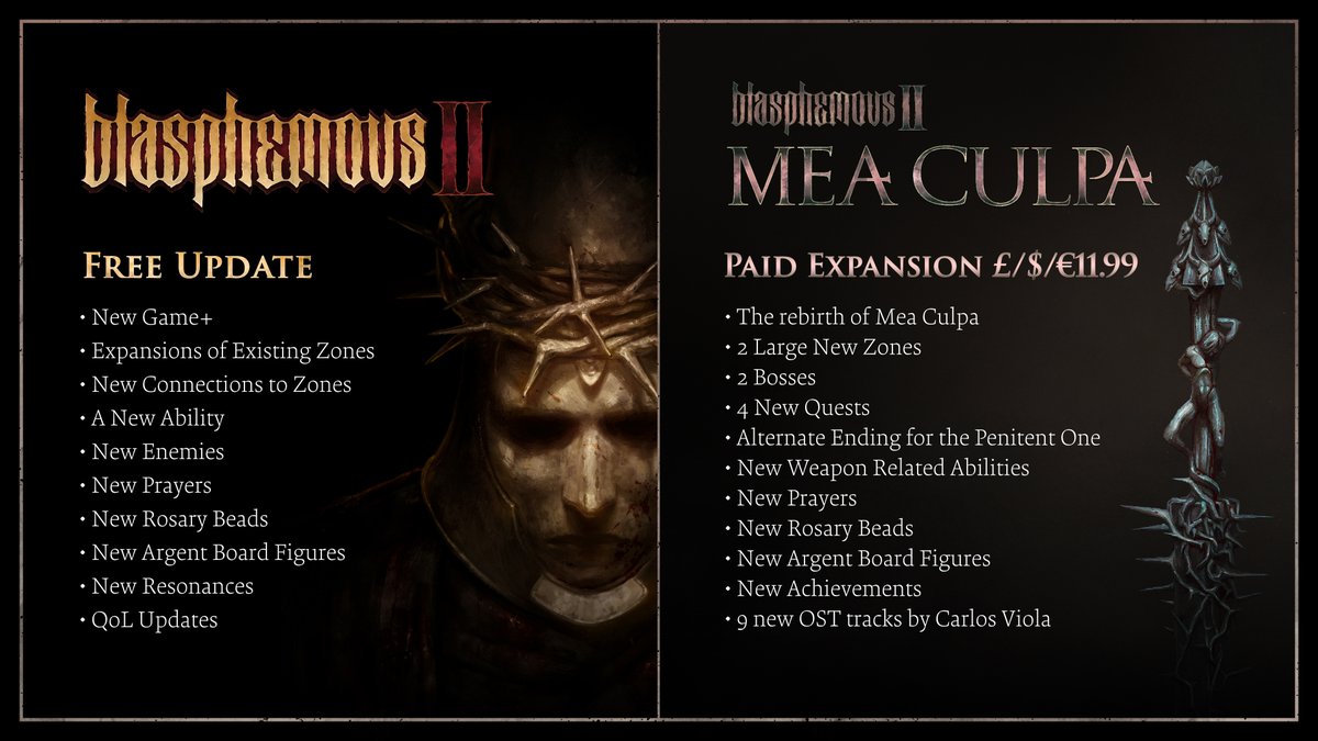 BlasphemousGame's tweet image. On the 31st October, the Blasphemous 2: Mea Culpa paid expansion and FREE True Torment update will descend upon Cvstodia!

Here&apos;s some information on what awaits thee!