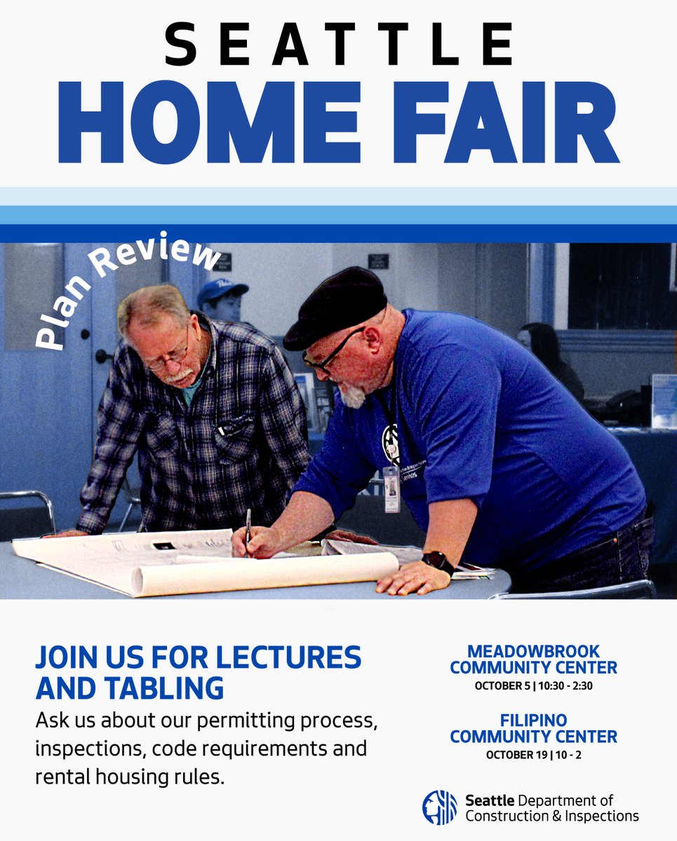 SDCI (@seattlesdci) on Twitter photo The always popular Seattle Home Fairs are coming up on10/5 at the Meadowbrook Community Center and 10/19 at the Filipino Community Center. We'll be there to answer questions, and there will be 3 presentations each day. For info and to RSVP: bit.ly/4euS83k The always popular Seattle Home Fairs are coming up on10/5 at the Meadowbrook Community Center and 10/19 at the Filipino Community Center. We'll be there to answer questions, and there will be 3 presentations each day. For info and to RSVP: bit.ly/4euS83k