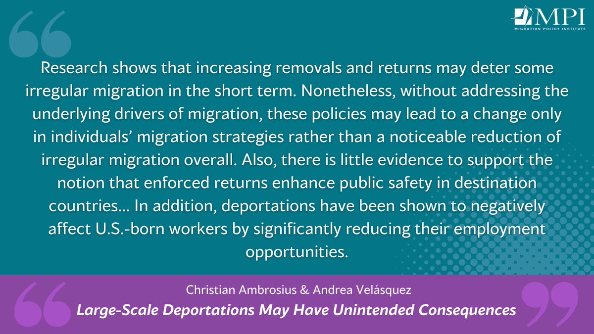 MigrationPolicy Inst (@migrationpolicy) on Twitter photo Do large-scale deportations lead to safe communities, better jobs & less irregular migration, as promised by policymakers?
Research shows the answer is less clear than you may think
@chrambrosio & <a href="/a_velasquezg/">Andrea Velasquez</a> walk through some key findings in our Migration Information Source Do large-scale deportations lead to safe communities, better jobs & less irregular migration, as promised by policymakers?
Research shows the answer is less clear than you may think
@chrambrosio & <a href="/a_velasquezg/">Andrea Velasquez</a> walk through some key findings in our Migration Information Source
