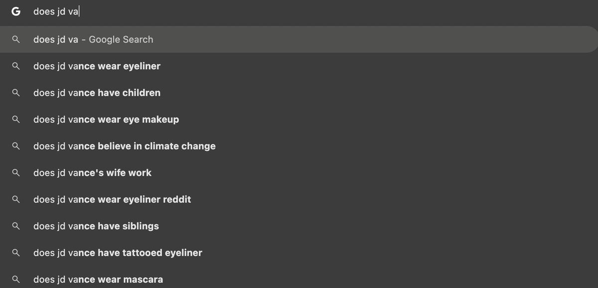 MollieJamison's tweet photo. Top suggested Google searches after the #VPDebate #VPDebate2024 "Does JD Vance wear eyeliner?" The people need to know. https://t.co/0UcWlGGfHk