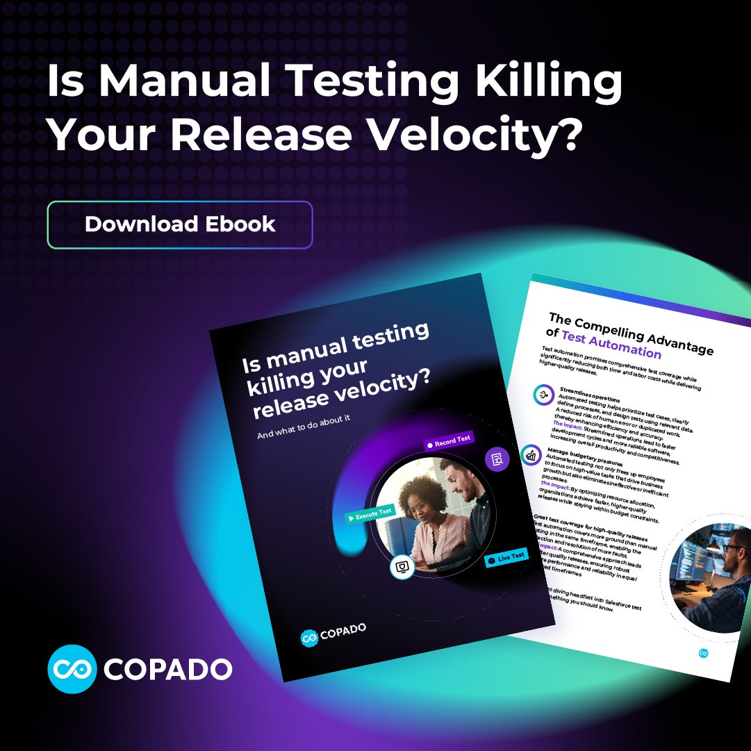 CopadoSolutions's tweet image. Manual testing ruining your release velocity?
🚀 Our eBook shows how to fix testing bottlenecks and boost your release speed with automation.
Don’t let manual testing keep you stuck.
Get the eBook: ow.ly/JAVp50TALmN
#DevOps #SalesforceTesting #CopadoExplorer #Automation