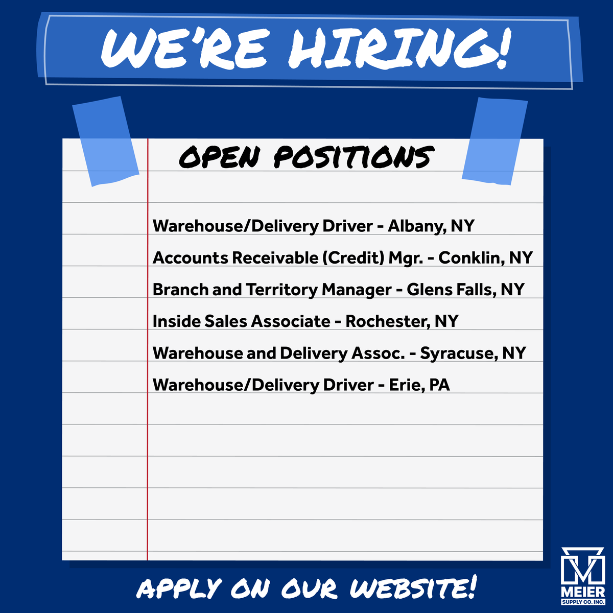 Join Meier Supply, a 100% employee-owned company! We're hiring for positions in NY and PA. Browse and apply today: bit.ly/45W5Icu