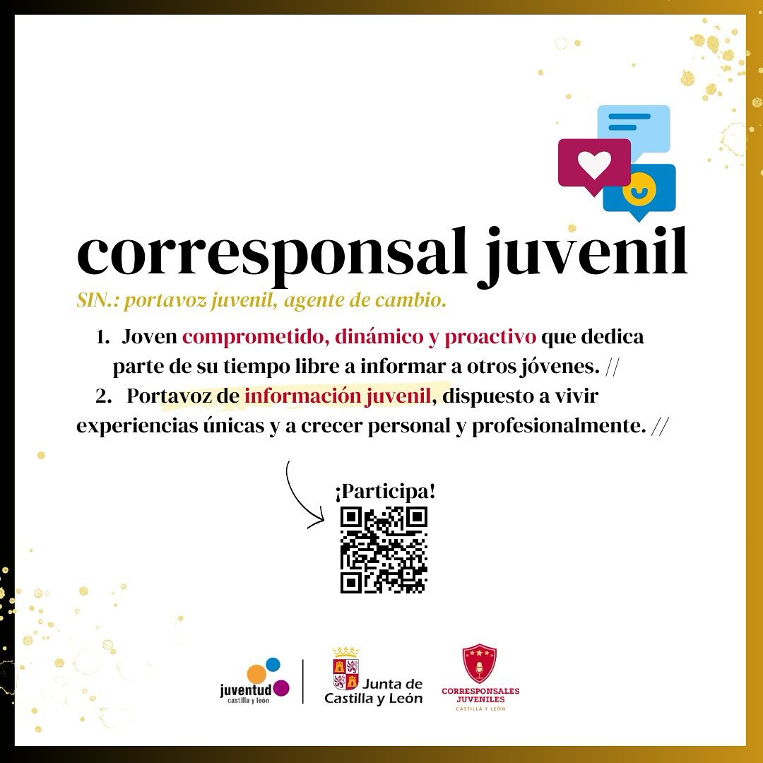 💥 Nueva edición de @corresponsales_cyl con novedades: formación en técnicas digitales, emprendimiento y crecimiento personal  
🔸 Dirigido a jóvenes entre 14 y 30 años. Somos más  de 300 de #CyL en la Red
↪️ Contacta con corresponsalesjuveniles@jcyl.es o #WhatsApp: 640 74 17 79