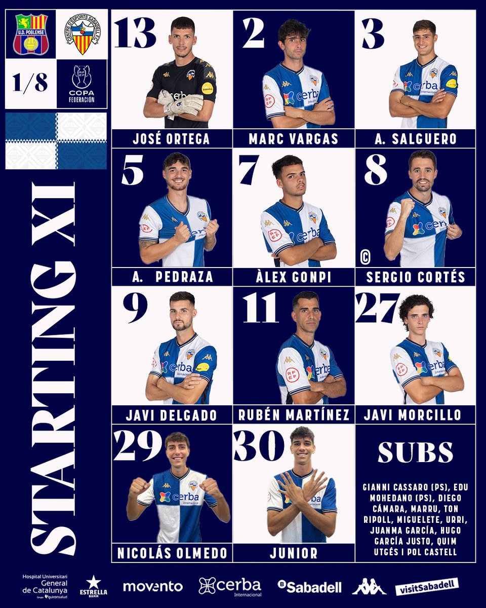 CESabadell's tweet photo. 📋 El nostre XI per al partit de 𝗖𝗢𝗣𝗔 𝗙𝗘𝗗𝗘𝗥𝗔𝗖𝗜𝗢́𝗡 🆚 @udpoblense:

#AMQM | #PoblenseSabadell https://t.co/cigpq6F9uU