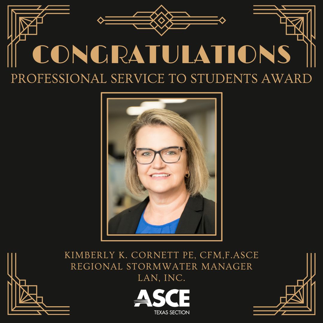 TEXASCEtweets's tweet photo. Congratulations to Kimberly Cornett for winning the Professional Service to Students Award. During the CECON 2024 Awards Banquet and Gala, we awarded members for their contribution to the industry. #CECON2024 #TexASCE https://t.co/l58aJoUsge