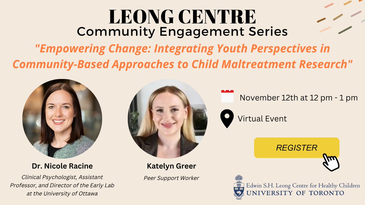 Edwin S.H. Leong Centre for Healthy Children (@leongcentre) on Twitter photo 📣Nov 12: Join the next installment of our #CommunityEngagement Series where Dr. Nicole Racine (<a href="/racinen2/">Dr. Nicole Racine</a>) and @PS_KatelynGreer will explore strategies for engaging youth in health research.
Learn more: leongcentre.utoronto.ca/event/communit… 📣Nov 12: Join the next installment of our #CommunityEngagement Series where Dr. Nicole Racine (<a href="/racinen2/">Dr. Nicole Racine</a>) and @PS_KatelynGreer will explore strategies for engaging youth in health research.
Learn more: leongcentre.utoronto.ca/event/communit…