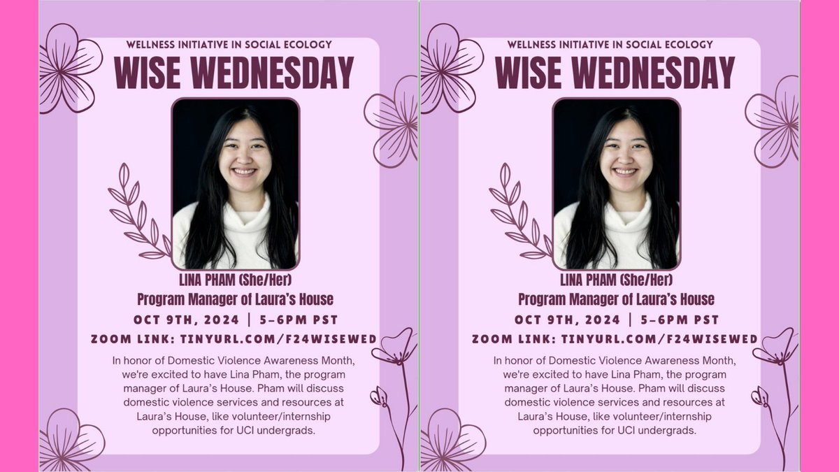 Social_Ecology's tweet photo. On #InternationalDayofNonViolence, we inform the Wellness Initiative in Social Ecology's first WISE Wednesday of the new academic year honors Domestic Violence Awareness Month. See Lina Pham, program manager of @Lauras_House, 5-6pm Wed, Oct. 9, via Zoom: https://t.co/Gu88BGmKtq https://t.co/VD7tf6pRLn