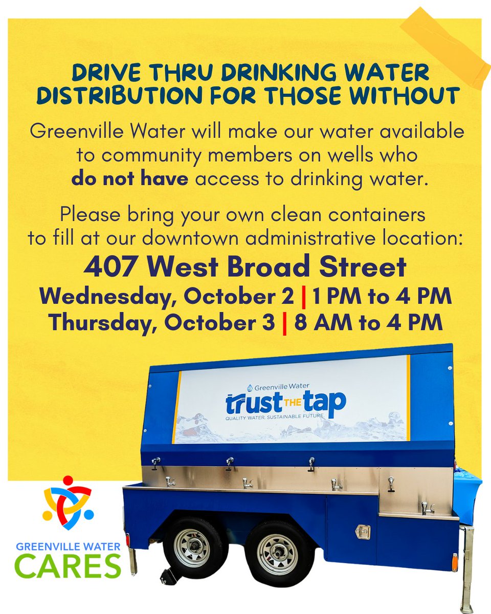 Our Quench Buggy will be available today from 1 PM to 4 PM and tomorrow from 8 AM to 4 PM for those members of the community on wells or without access to drinking water. Please bring your own clean containers to fill. greenvillewater.com
#qualitywatersustainablefuture