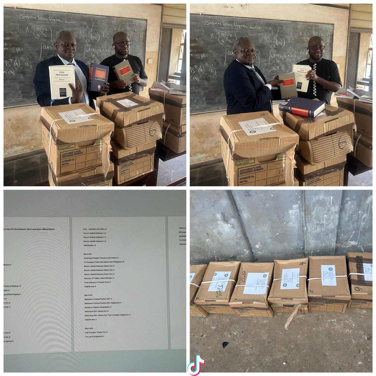 Momo Turay (@momo2ray) on Twitter photo Pleased to have handed over today 6 boxes containing 42 assorted Law books donated by <a href="/LawBookFacility/">International Law Book Facility (ILBF)</a> to <a href="/saffaAbdulai/">Emmanuel S Abdulai PhD</a> for <a href="/fbcLaw1/">Law Faculty- Fourah Bay College</a> . Thanks to <a href="/kbccrossley/">Katrina Crossley</a> of <a href="/LawBookFacility/">International Law Book Facility (ILBF)</a> and <a href="/RichardHoney/">Richard Honey KC</a> of the UK Sierra Leone pro bono Network for making it happen. Pleased to have handed over today 6 boxes containing 42 assorted Law books donated by <a href="/LawBookFacility/">International Law Book Facility (ILBF)</a> to <a href="/saffaAbdulai/">Emmanuel S Abdulai PhD</a> for <a href="/fbcLaw1/">Law Faculty- Fourah Bay College</a> . Thanks to <a href="/kbccrossley/">Katrina Crossley</a> of <a href="/LawBookFacility/">International Law Book Facility (ILBF)</a> and <a href="/RichardHoney/">Richard Honey KC</a> of the UK Sierra Leone pro bono Network for making it happen.