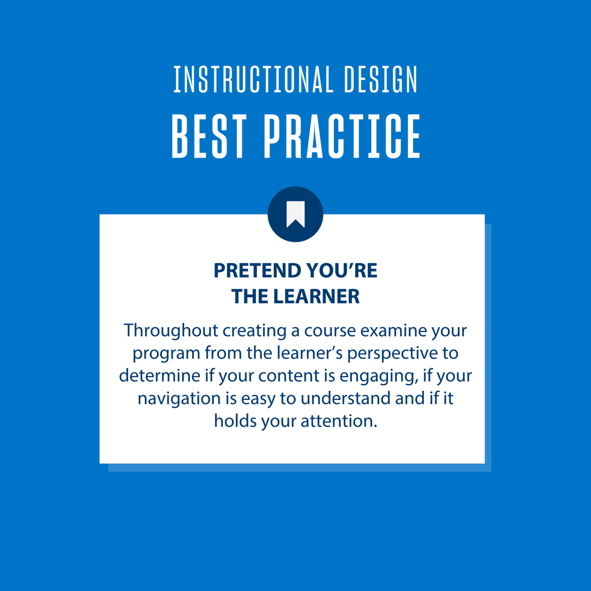 USD_MSLDT's tweet photo. When creating a learning tool, examine the program from a learner's perspective. Is the content engaging? Does it hold your attention? Is the navigation clear? This practice will help you modify your content as needed. Learn more about #ID best practices https://t.co/nCXfwI2zkF https://t.co/TmlvFs3HD6